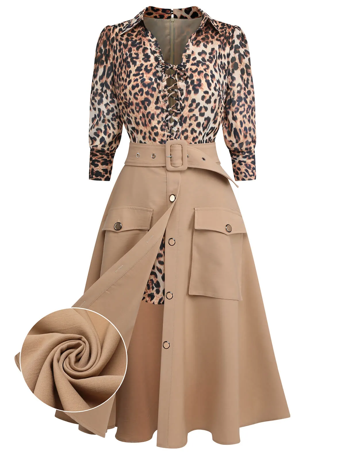 2PCS Leopard Lapel Romper & Khaki Skirt