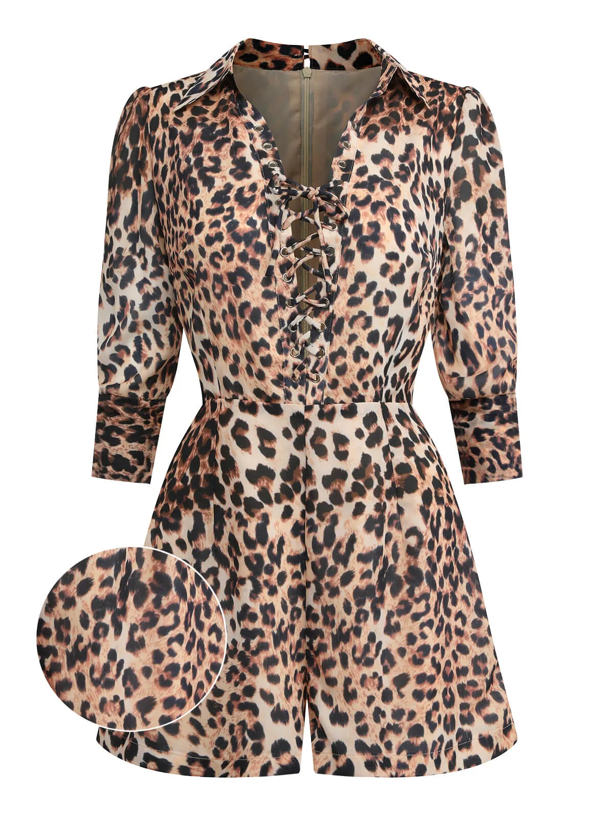 2PCS Leopard Lapel Romper & Khaki Skirt