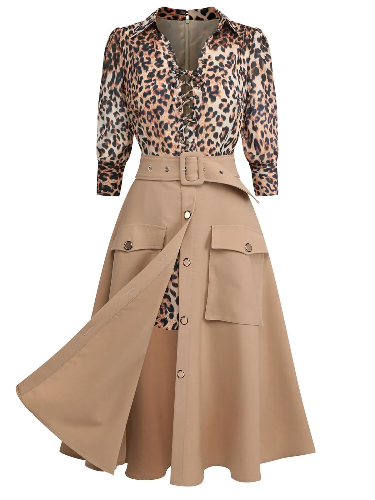 2PCS Leopard Lapel Romper & Khaki Skirt