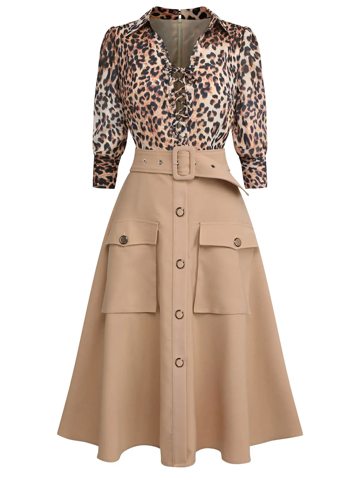 2PCS Leopard Lapel Romper & Khaki Skirt