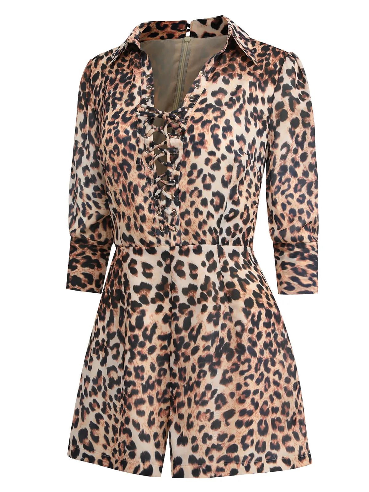 2PCS Leopard Lapel Romper & Khaki Skirt