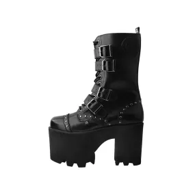 Anarchic Moto Big Buckle Boot Black Vegan Leather