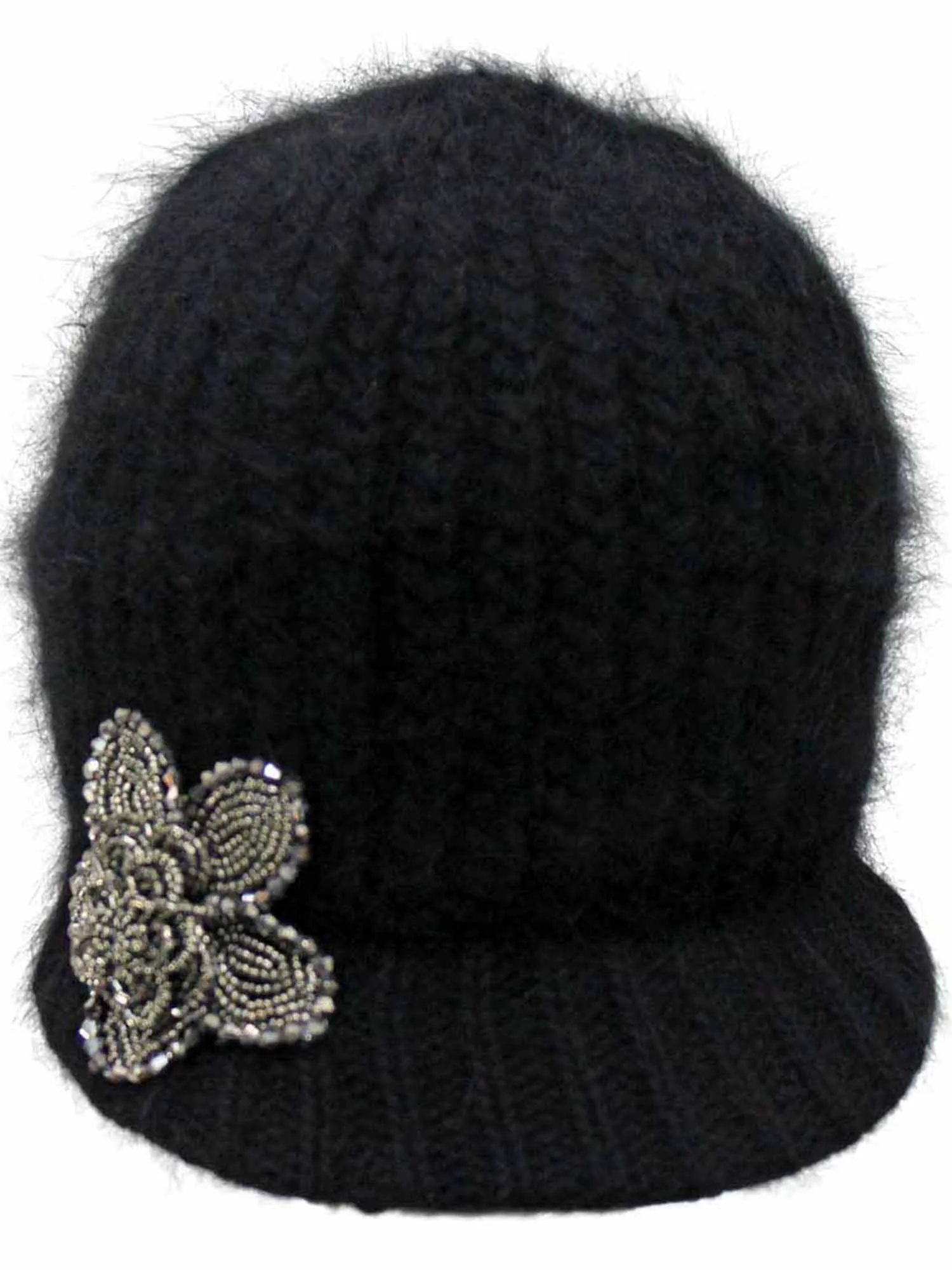 Angora Knit Newsboy Hat With Beaded Flower