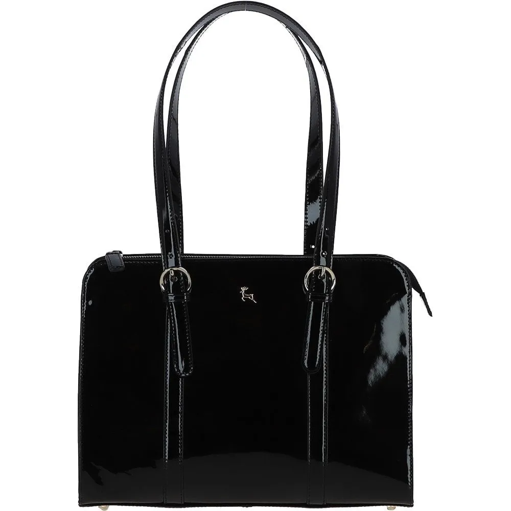 Ashwood Zip Top Patent Leather Handbag Black: A4 Buckle