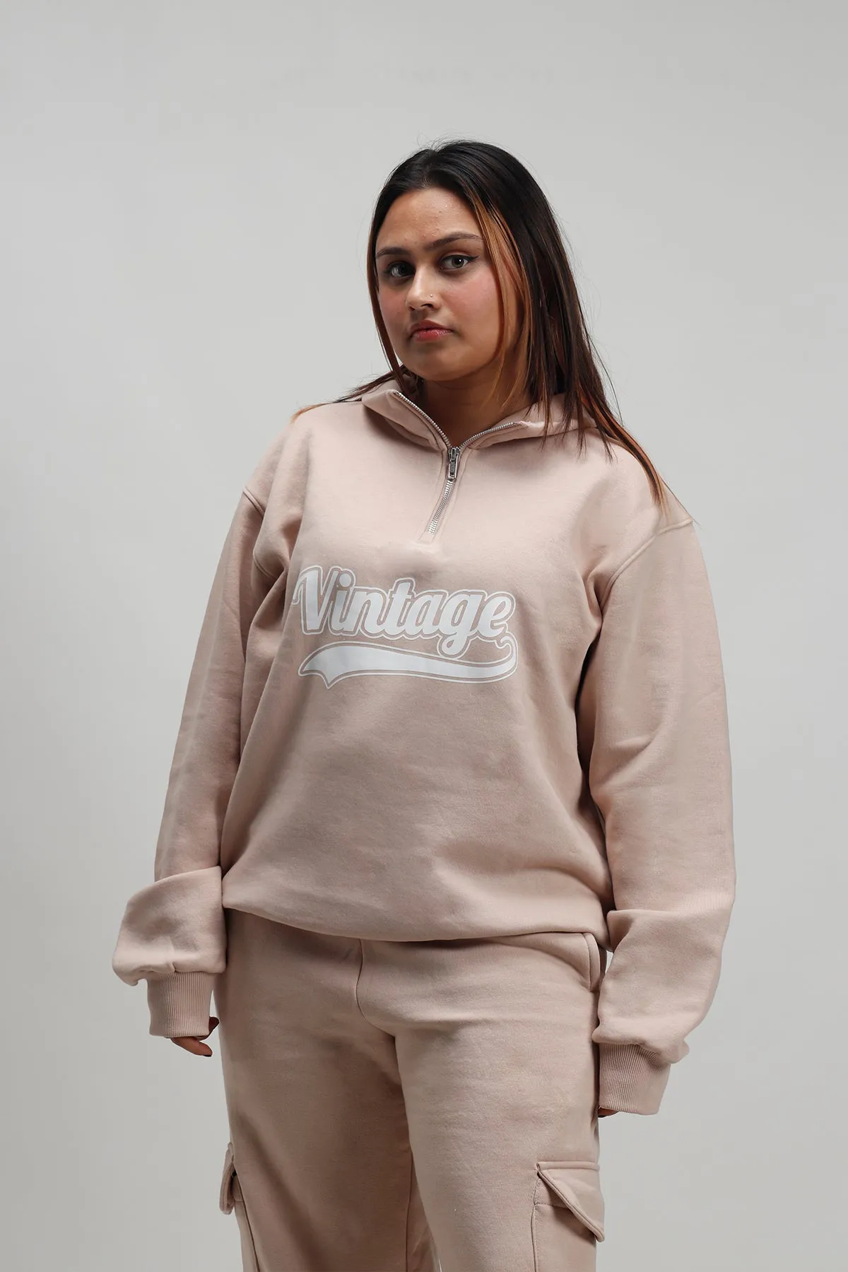 Beige (Half Zip) Sweatshirt+ Cargo Joggers Co-ord Set