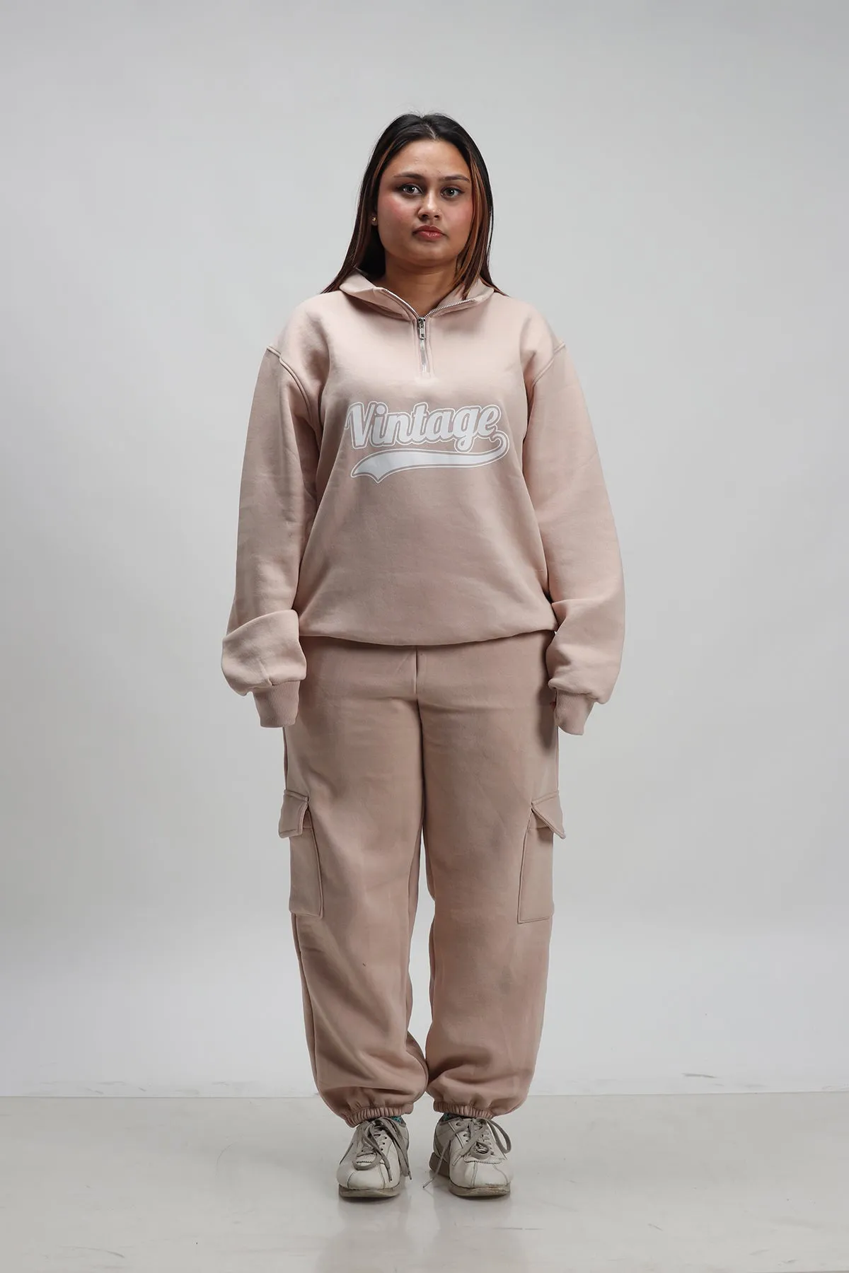 Beige (Half Zip) Sweatshirt+ Cargo Joggers Co-ord Set