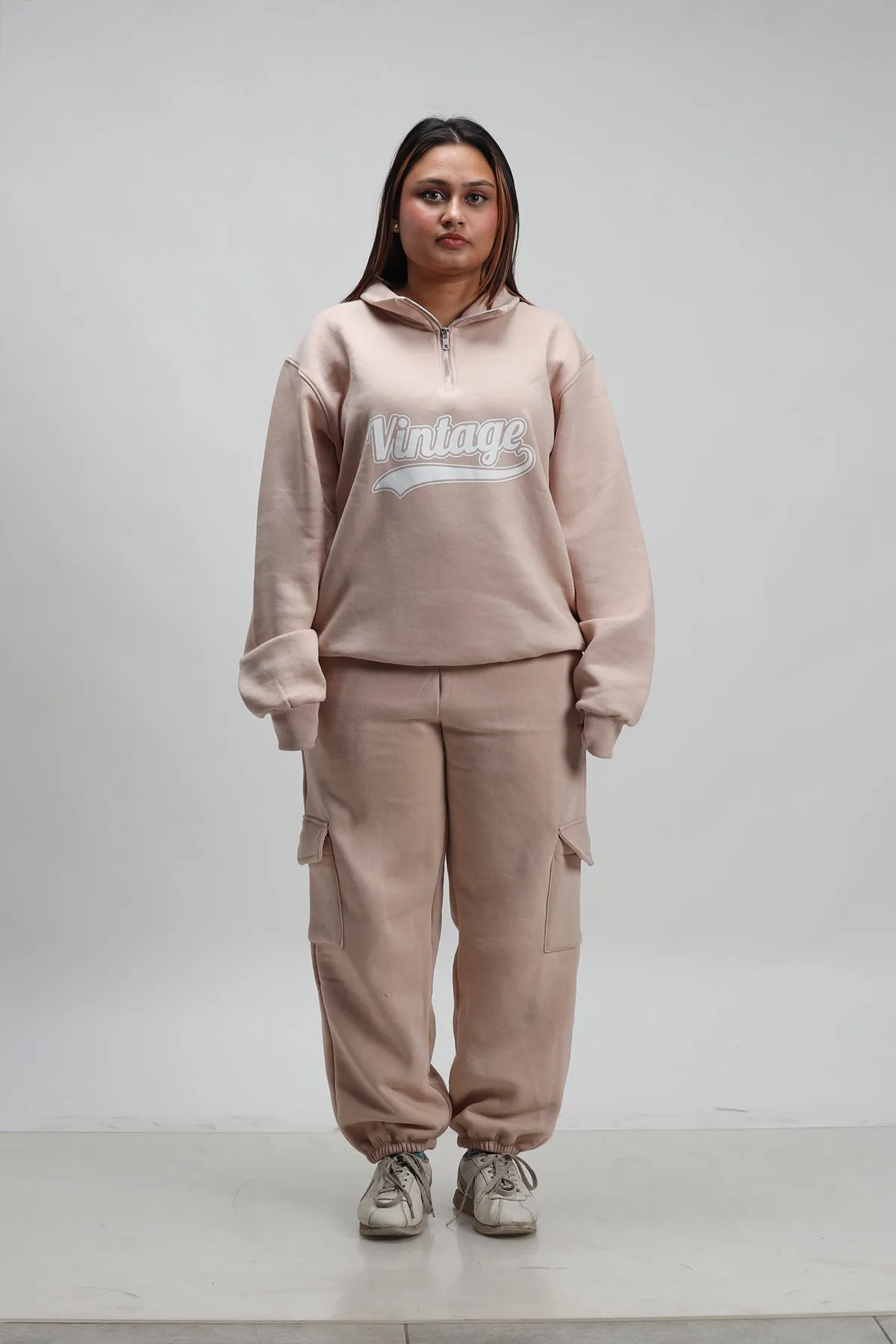 Beige (Half Zip) Sweatshirt+ Cargo Joggers Co-ord Set