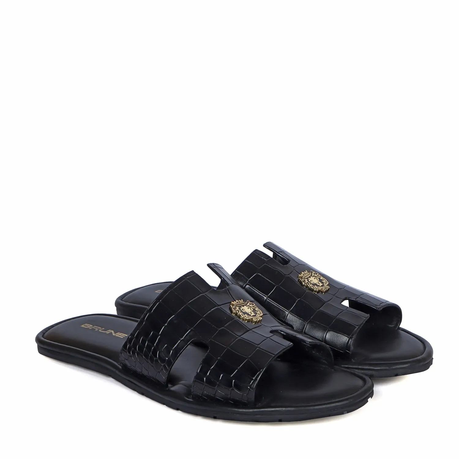 Black Deep Cut Croco Leather Slide-In-Slipper With Metal Lion Logo