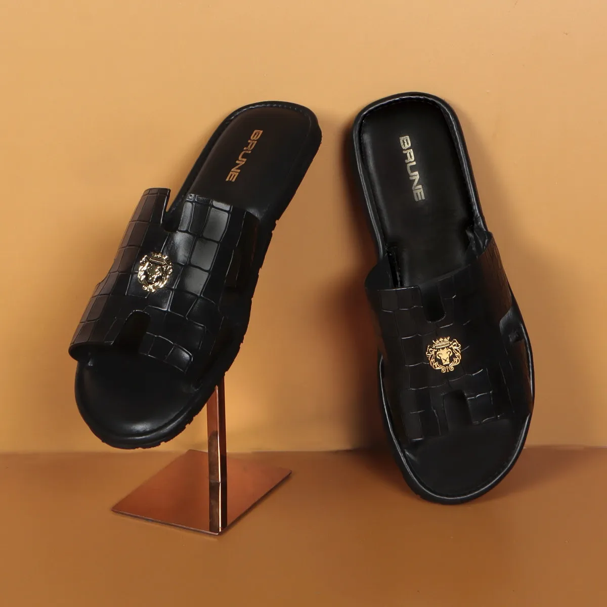 Black Deep Cut Croco Leather Slide-In-Slipper With Metal Lion Logo