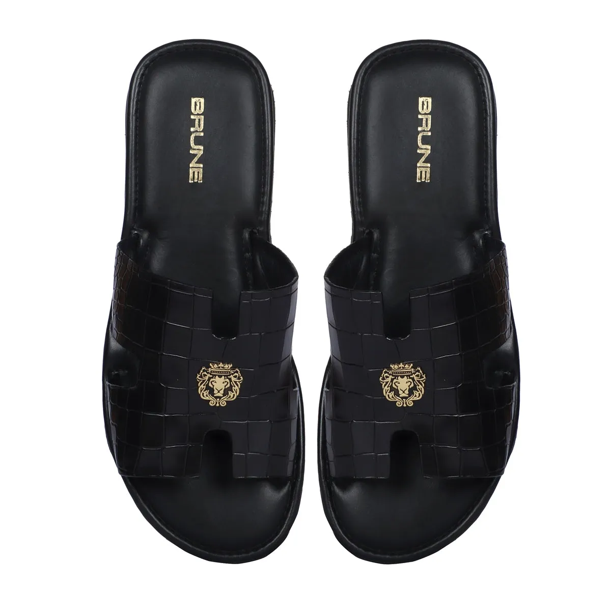 Black Deep Cut Croco Leather Slide-In-Slipper With Metal Lion Logo