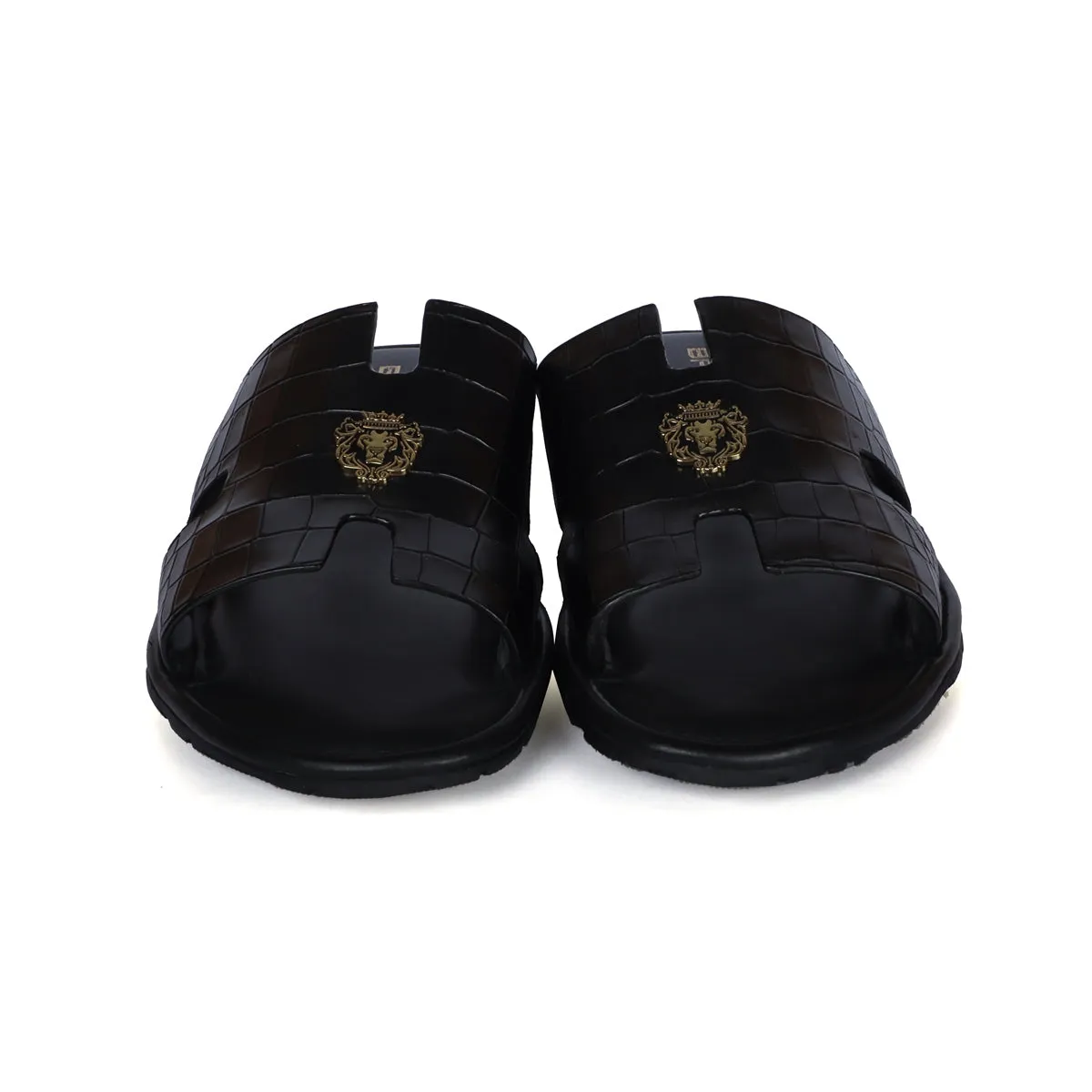 Black Deep Cut Croco Leather Slide-In-Slipper With Metal Lion Logo