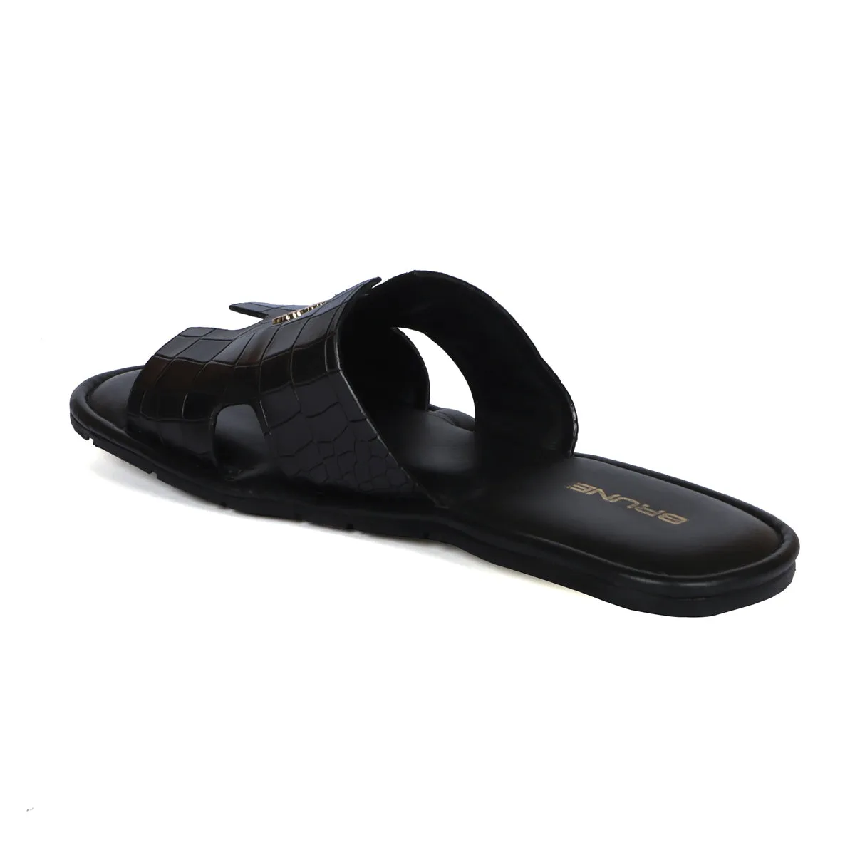 Black Deep Cut Croco Leather Slide-In-Slipper With Metal Lion Logo