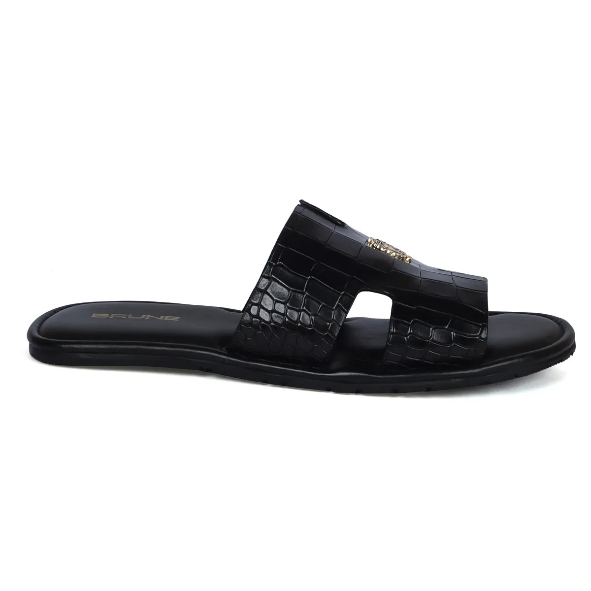 Black Deep Cut Croco Leather Slide-In-Slipper With Metal Lion Logo