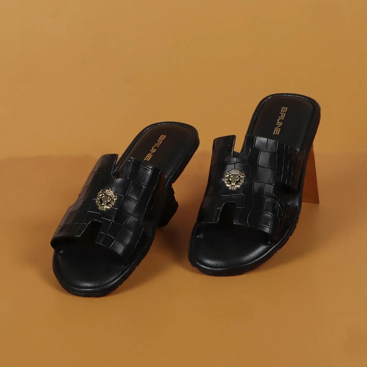 Black Deep Cut Croco Leather Slide-In-Slipper With Metal Lion Logo