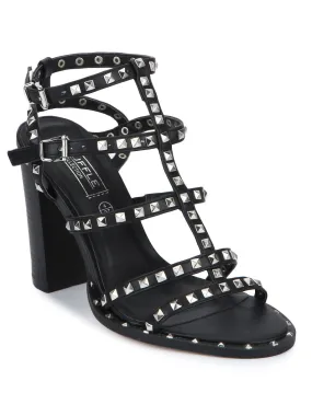 Black Stud Detail Ankle Strap Block Heel Sandals