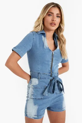 Bleached Plunge Zip Up Belted Denim Romper