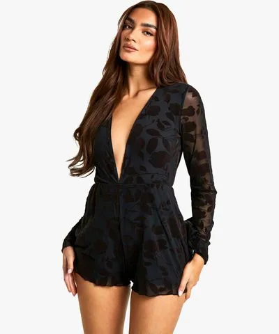 boohoo Womens Devore Flare Sleeve Plunge Romper