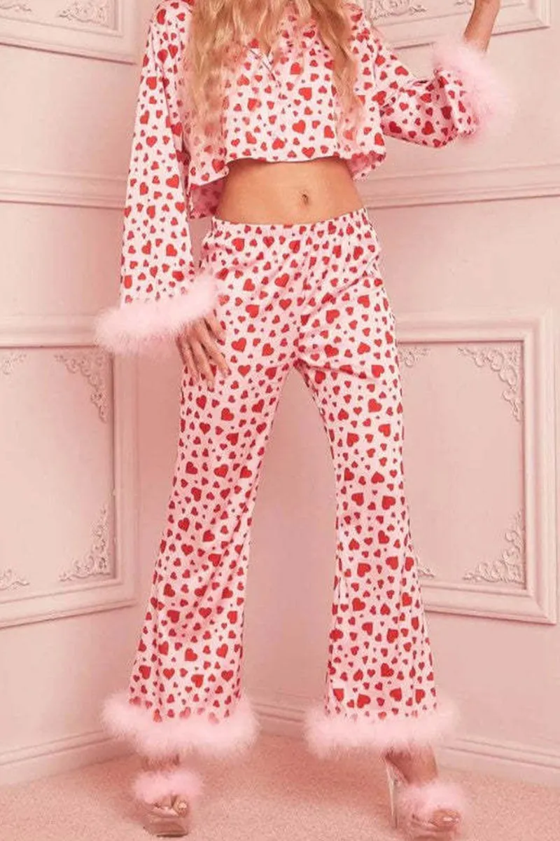 Casual Sweet Geometric Print Feathers Valentines Day Sleepwear