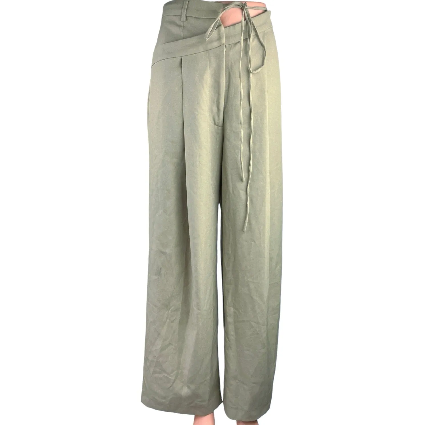 Claude Womens Olive Green Wide Leg Pleated Tie Waist Asymmetric Trousers Pants M