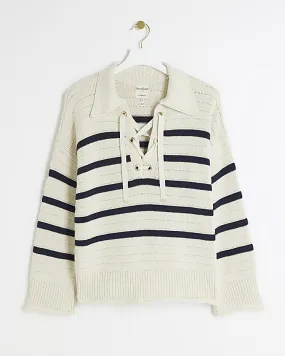 Cream stripe lace up jumper