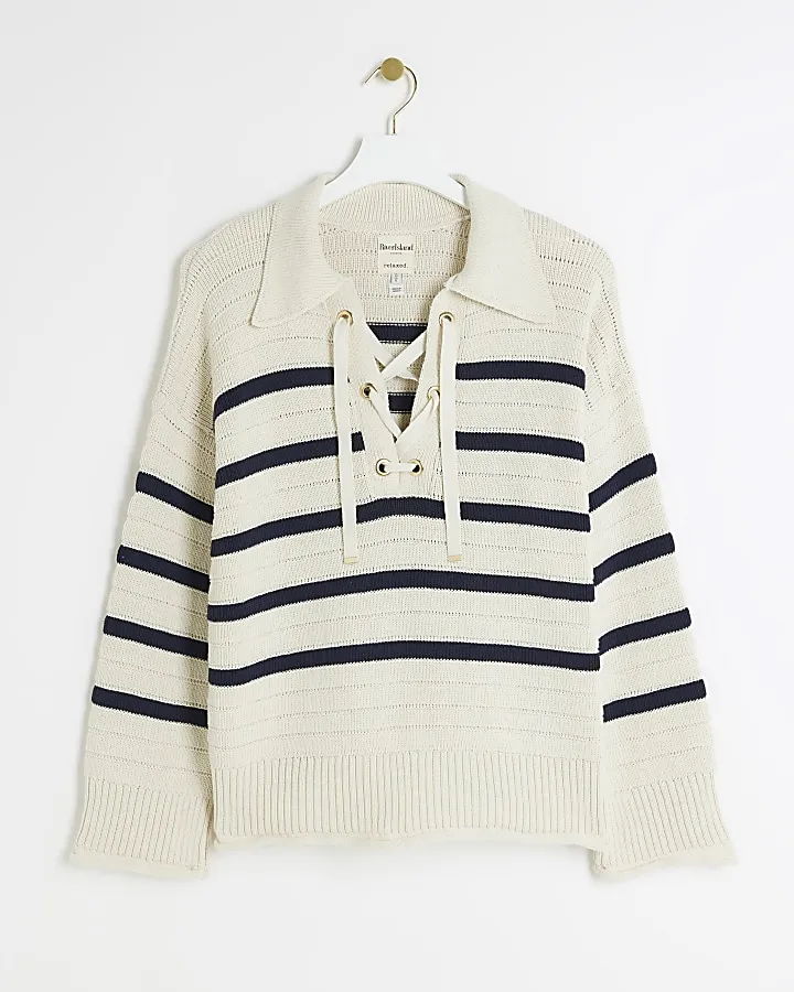 Cream stripe lace up jumper