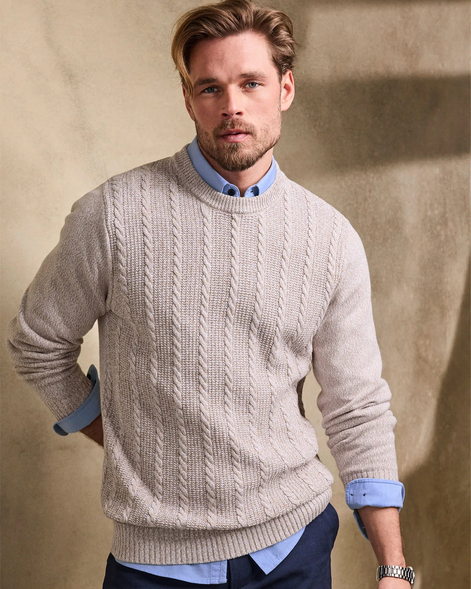 Crew Neck Textured Cable Jumper