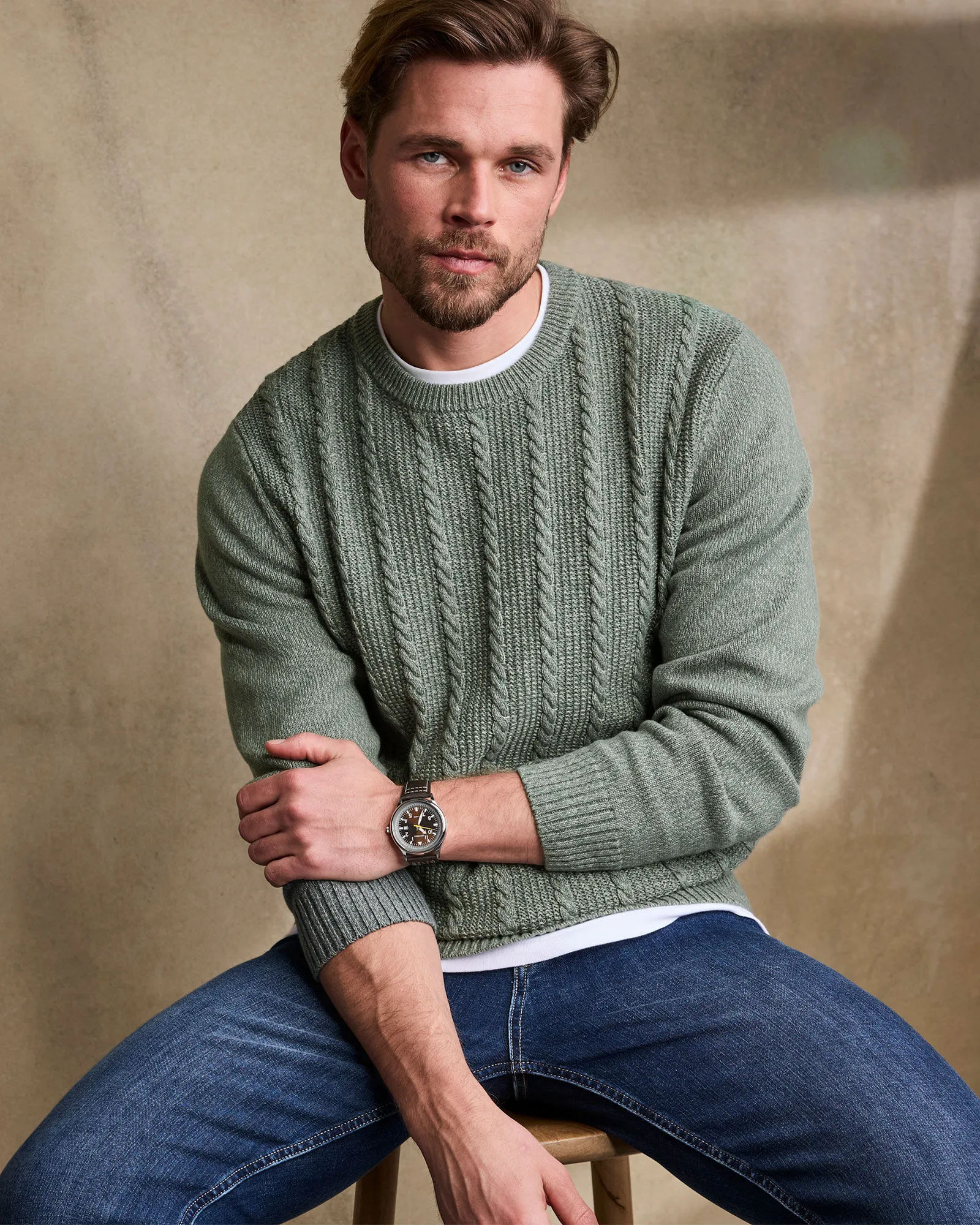 Crew Neck Textured Cable Jumper