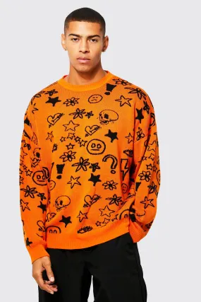 Doodle Knitted Jumper | boohooMAN UK