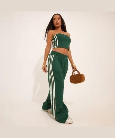 EGO High Waist Contrast Stripe Detail Wide Leg Joggers In Forest Green