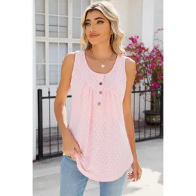 Eyelet Buttoned Round Neck Tank