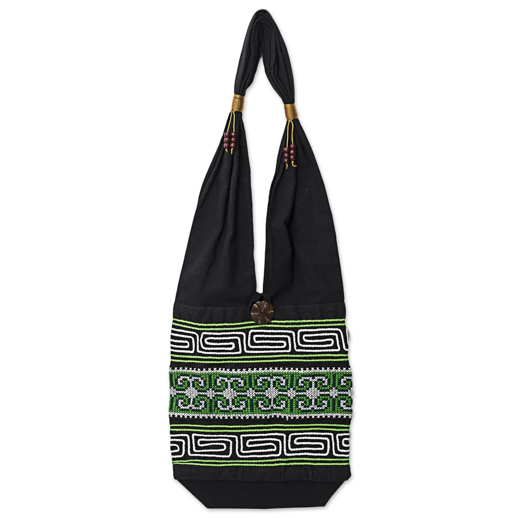 Forest Colors 100% Cotton Green Black Embroidered Shoulder Bag Thailand