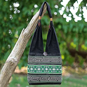 Forest Colors 100% Cotton Green Black Embroidered Shoulder Bag Thailand