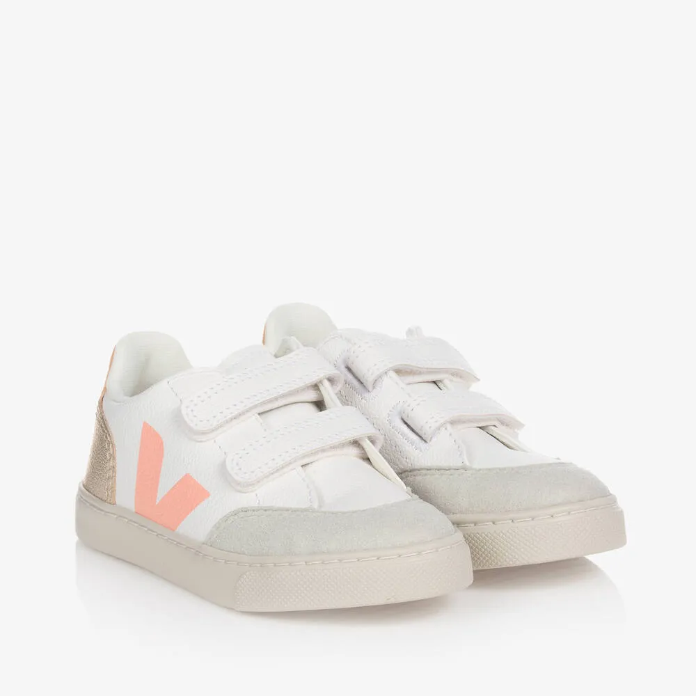 Girls White & Pink V-12 Leather Trainers