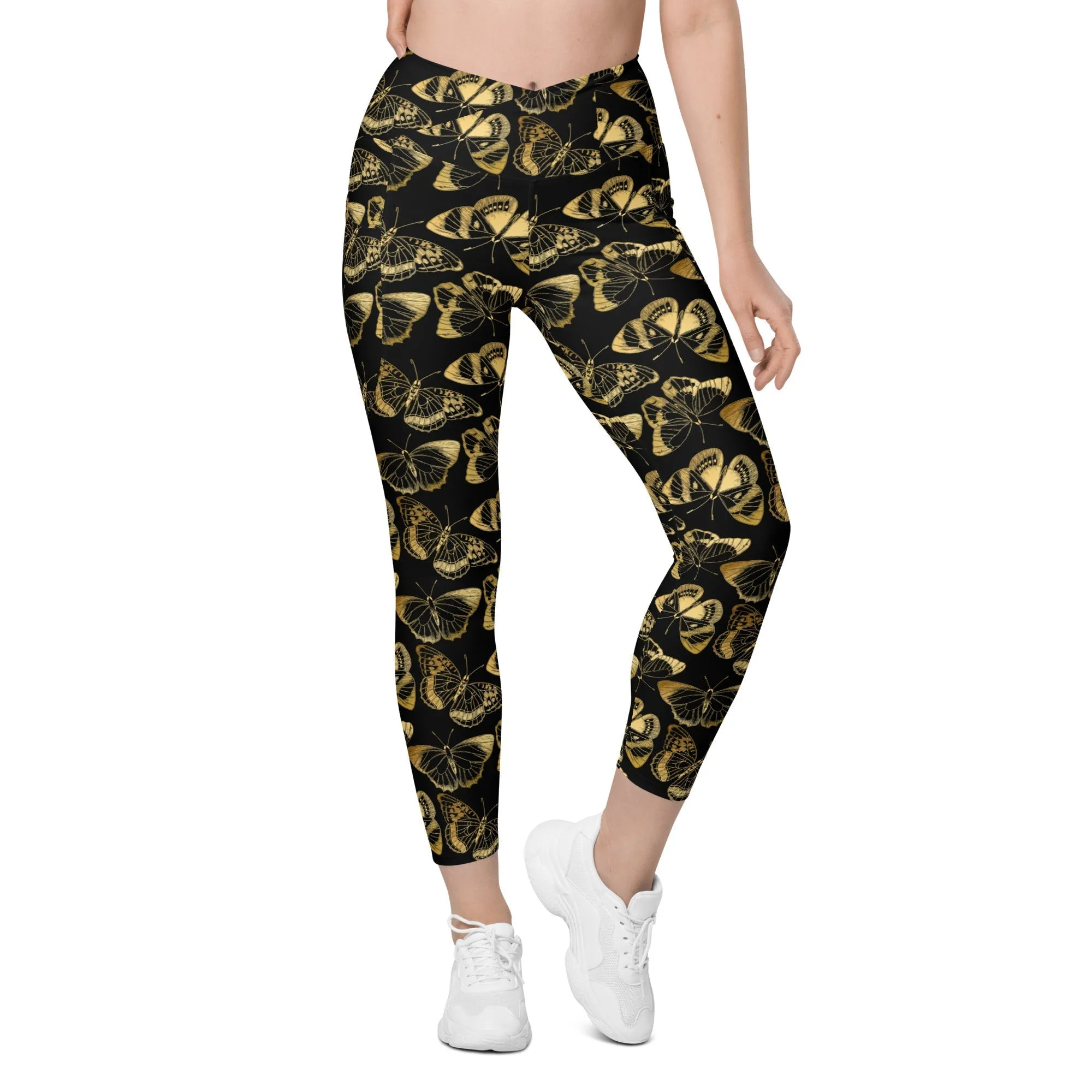 Gold Butterfly Crossover Leggings With Pockets