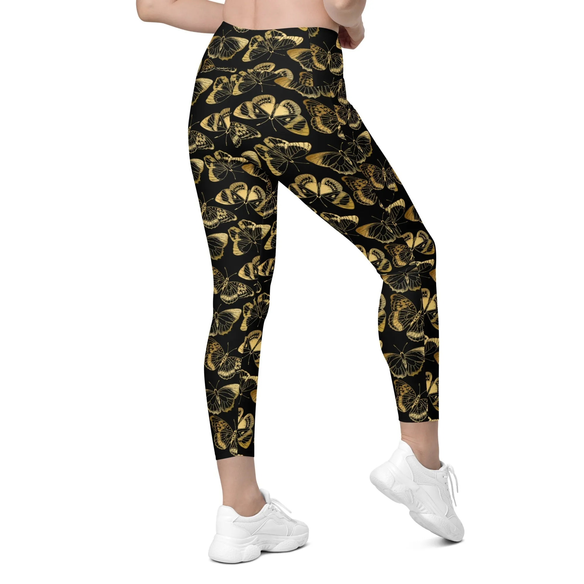 Gold Butterfly Crossover Leggings With Pockets