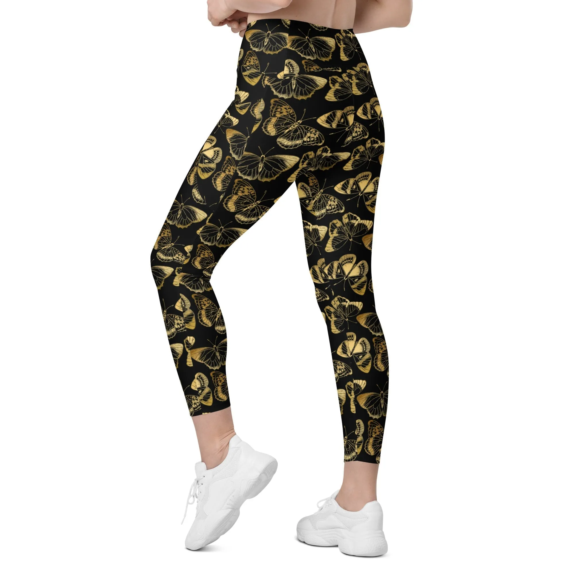 Gold Butterfly Crossover Leggings With Pockets