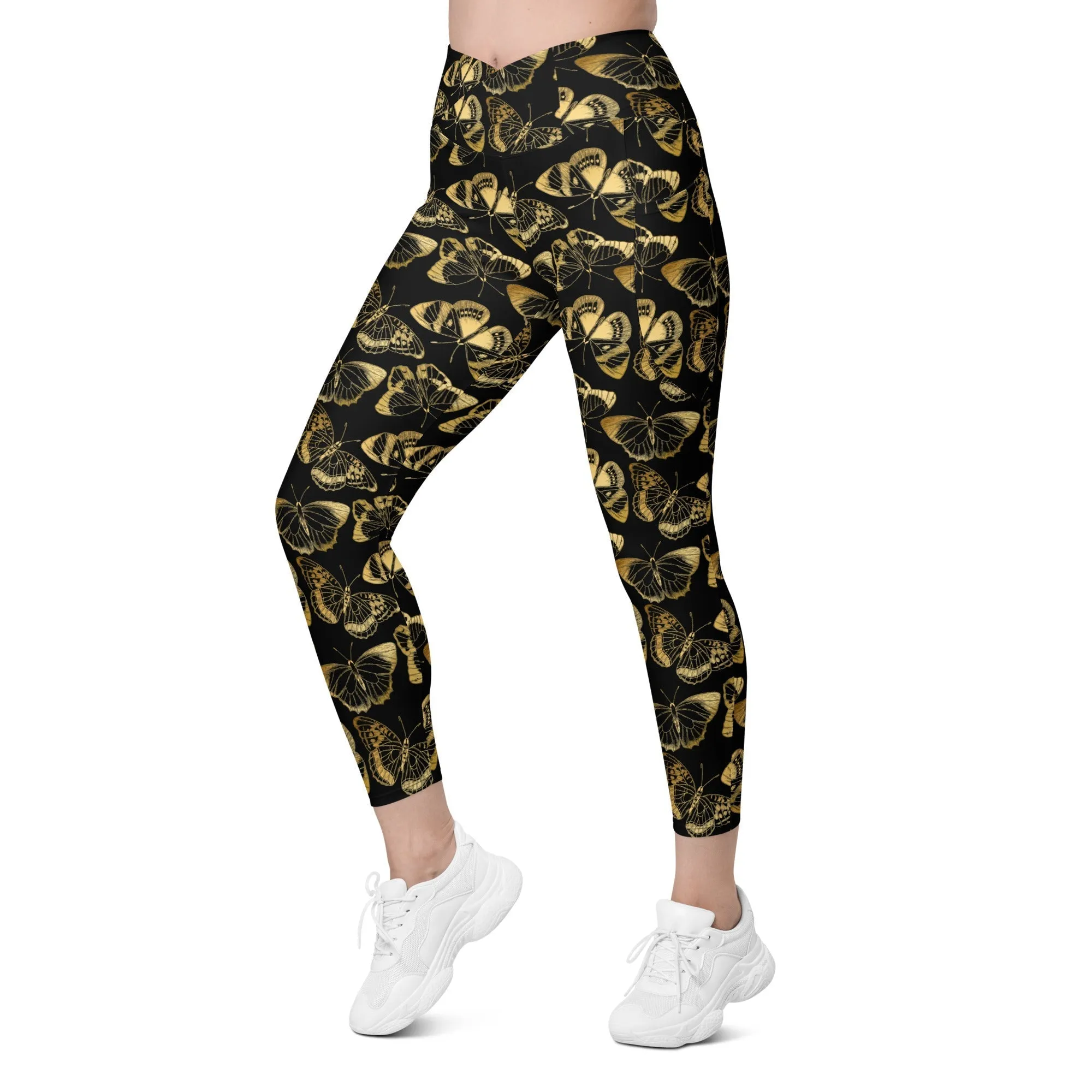 Gold Butterfly Crossover Leggings With Pockets