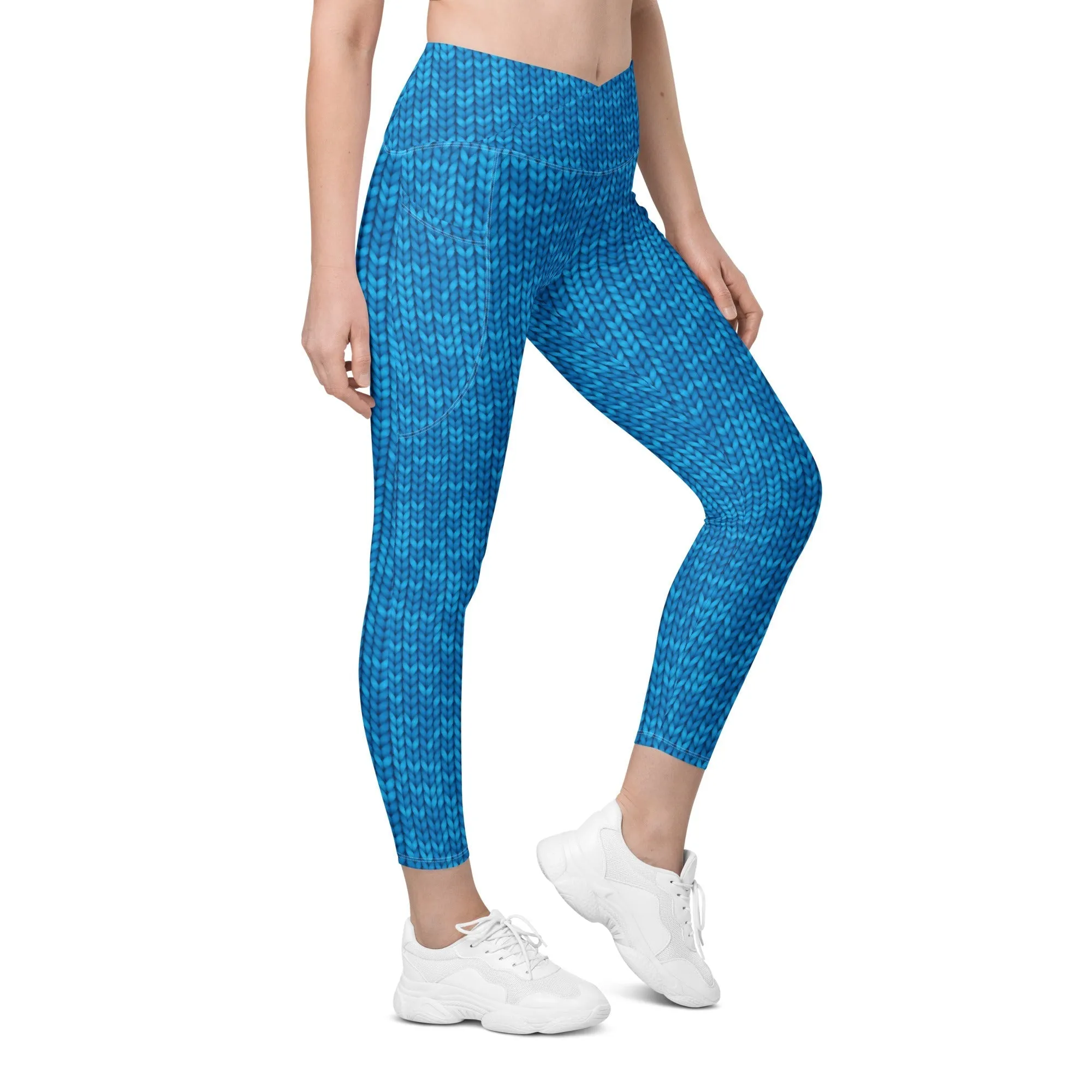 Knitted Print Pattern Crossover Leggings With Pockets