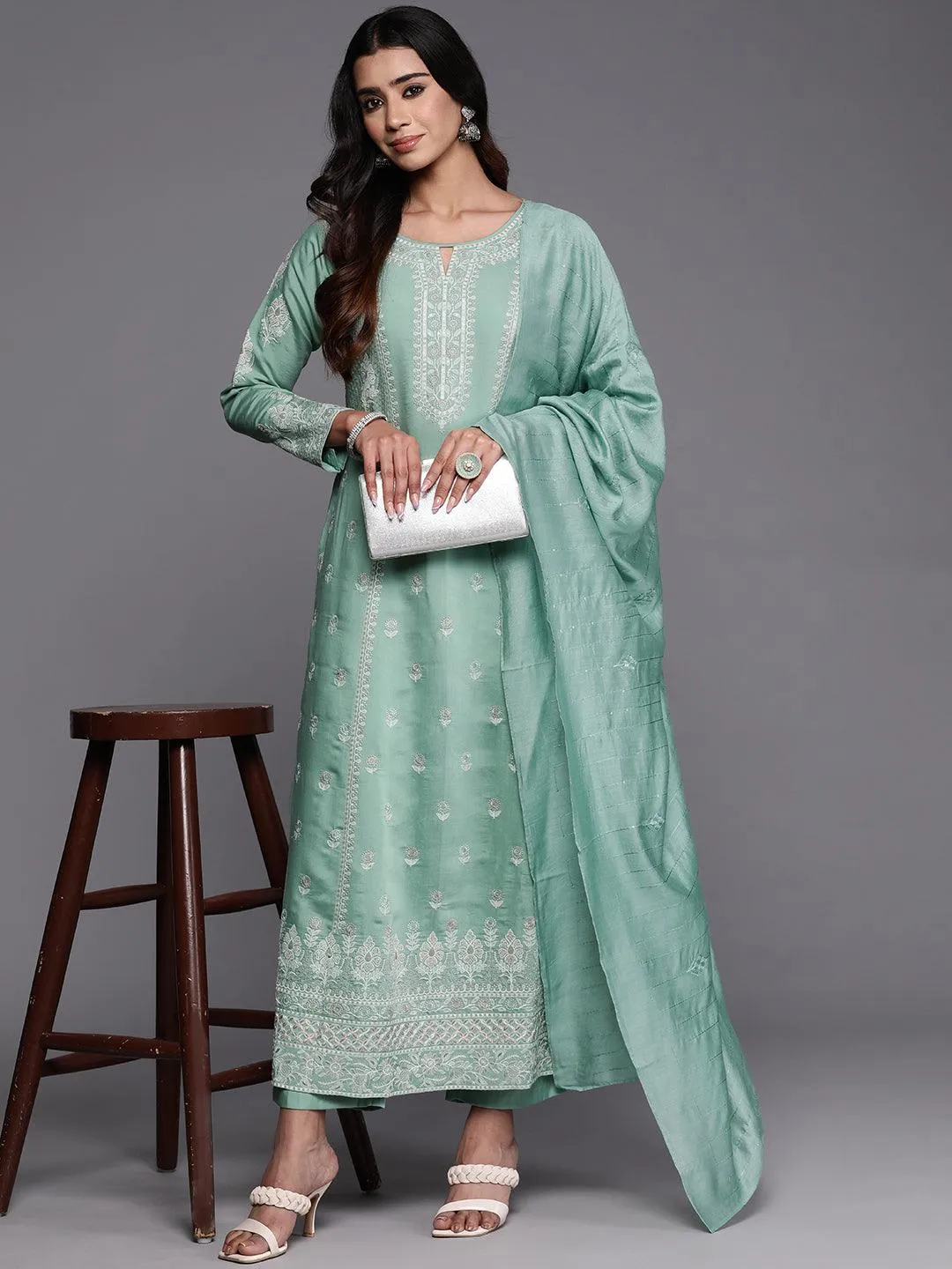 Libas Art Sea Green Embroidered Silk Blend A-Line Kurta With Trousers & Dupatta