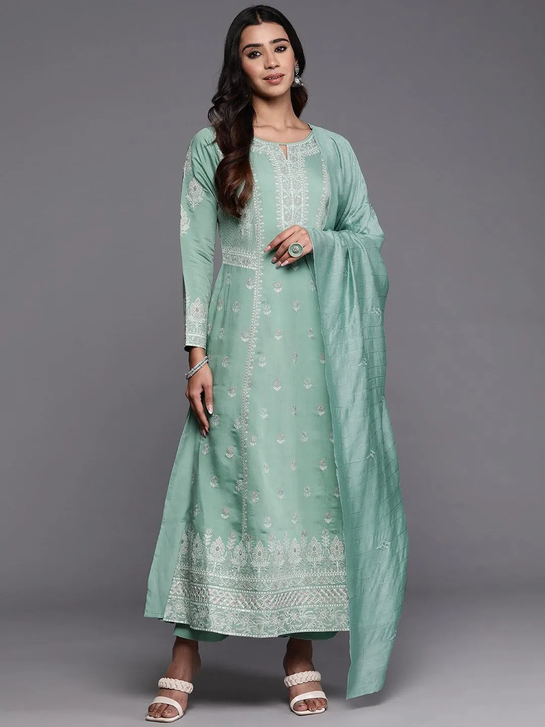 Libas Art Sea Green Embroidered Silk Blend A-Line Kurta With Trousers & Dupatta