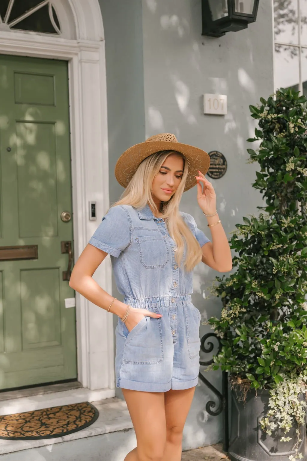 Light Wash Short Denim Romper - FINAL SALE