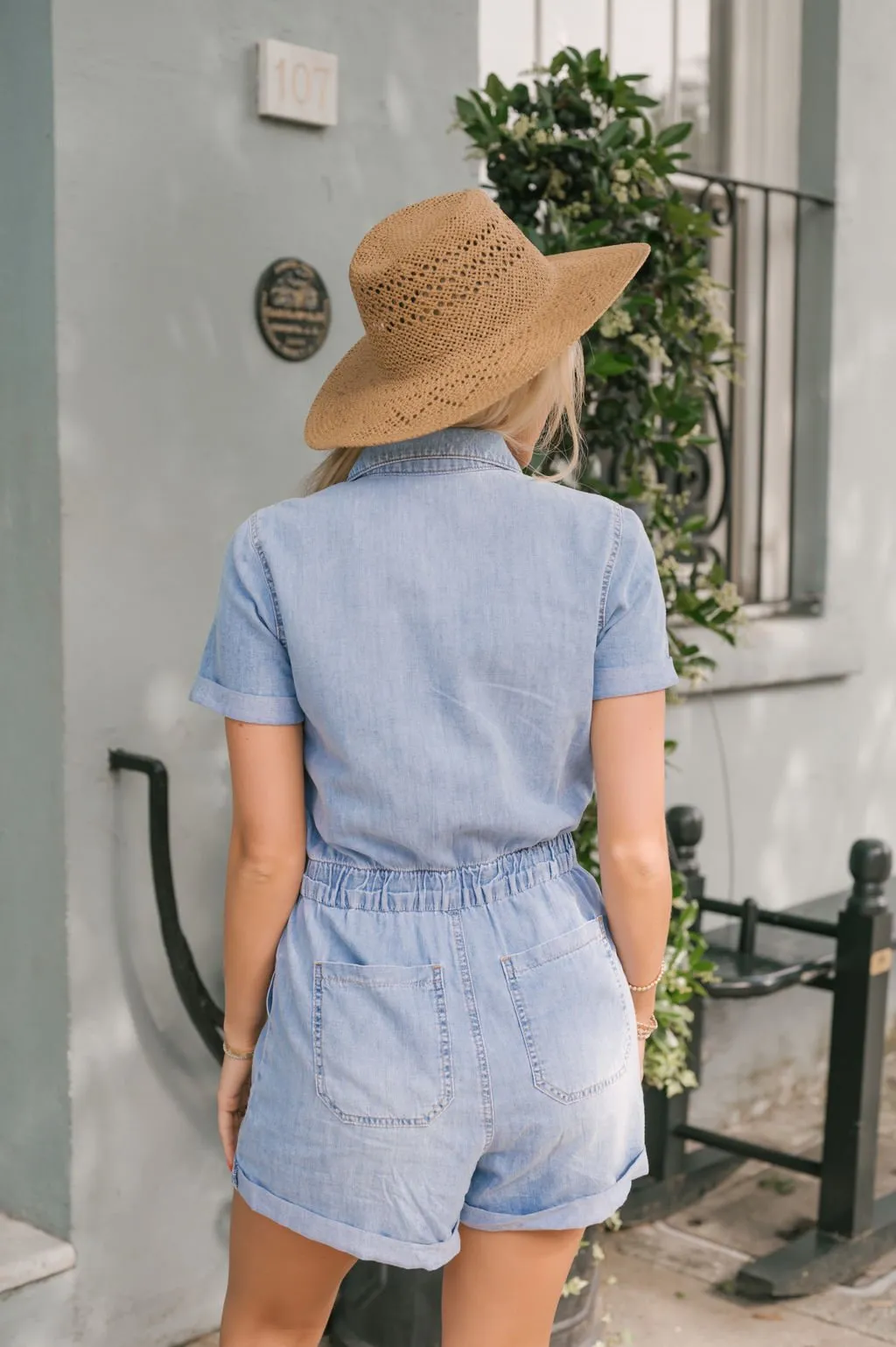 Light Wash Short Denim Romper - FINAL SALE