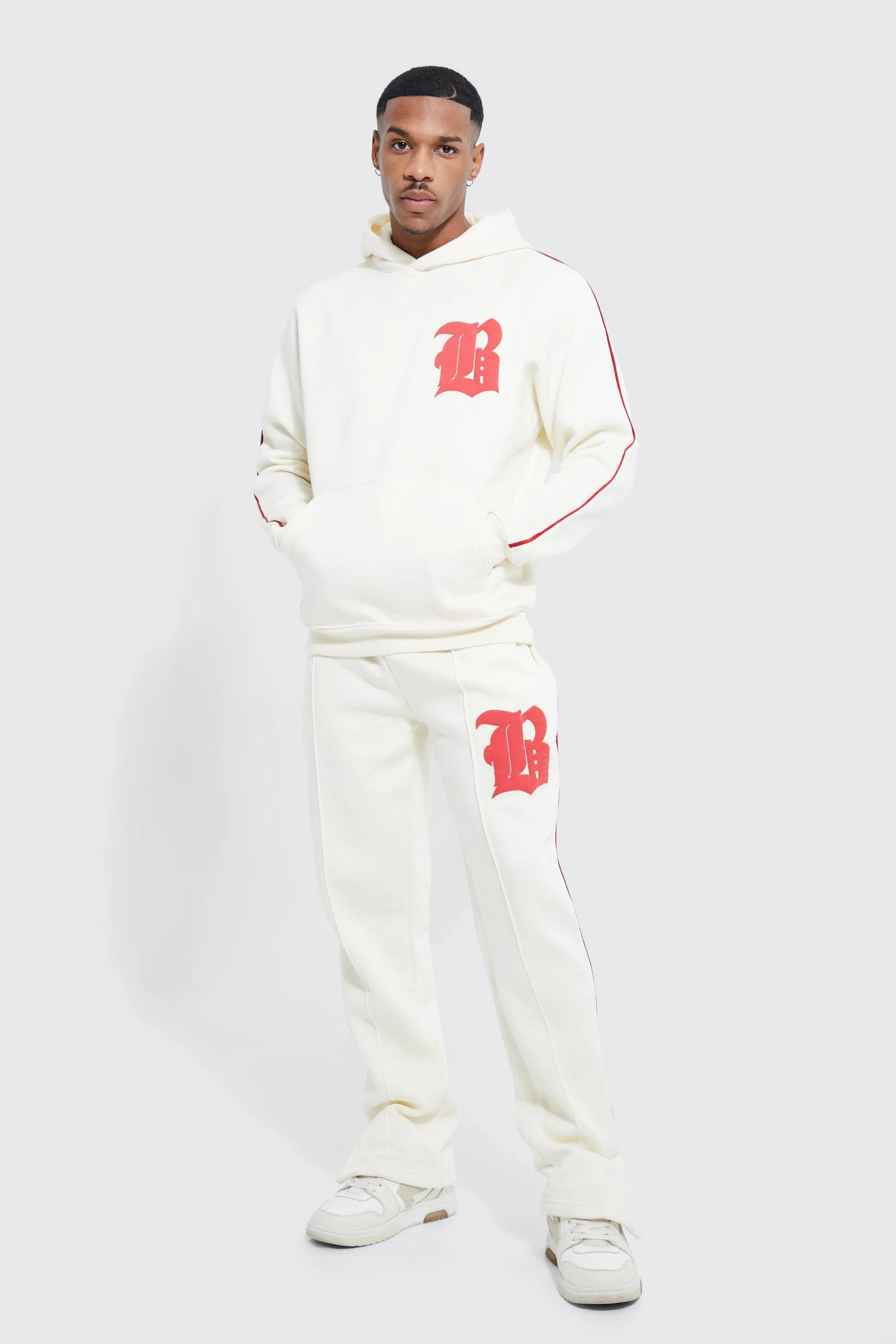 Lightweight B Badge Piping Hooded Tracksuit | boohooMAN UK