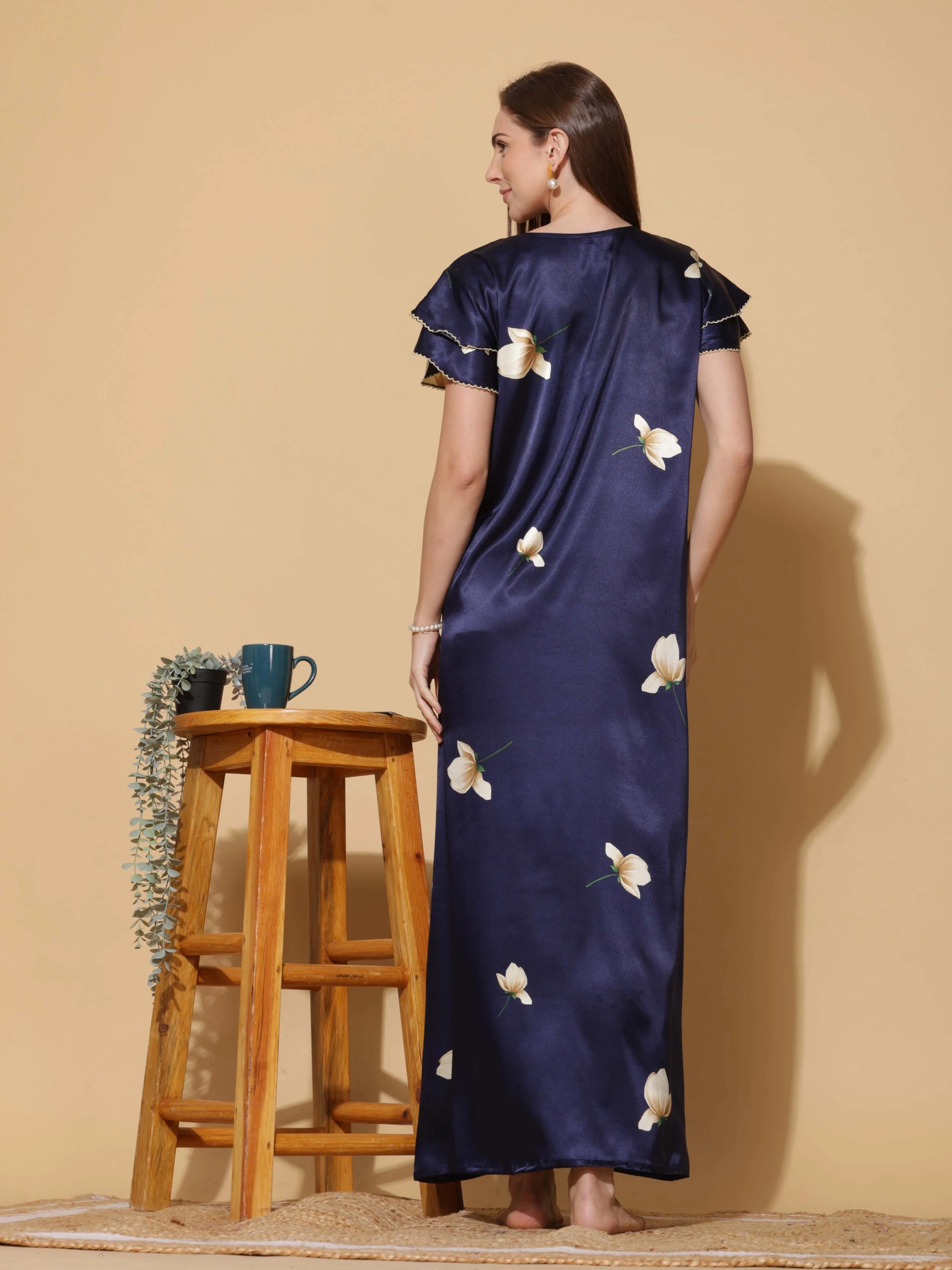 Luxurious Navy Blue Satin Nighty - Designer Sleepwear