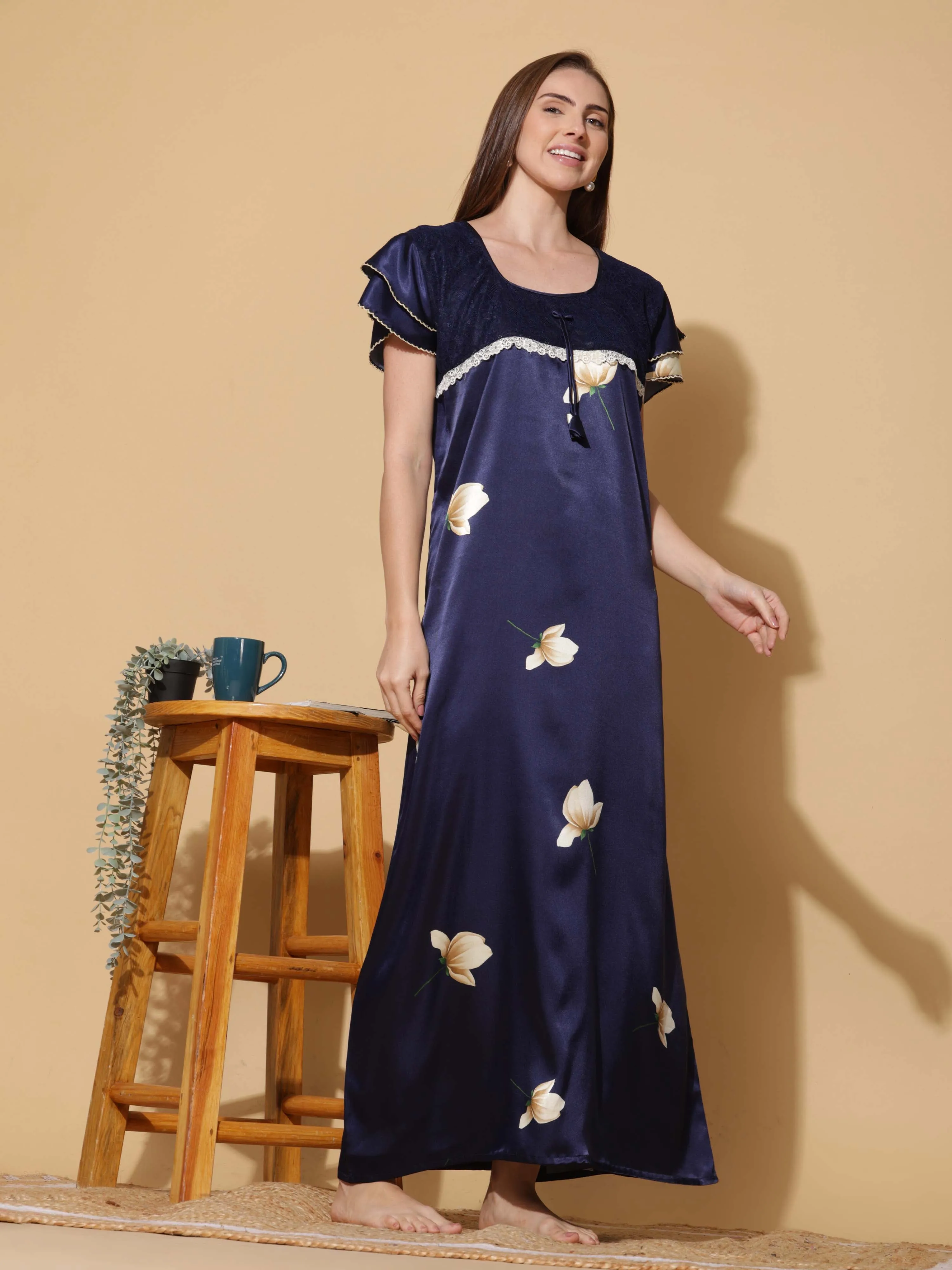 Luxurious Navy Blue Satin Nighty - Designer Sleepwear