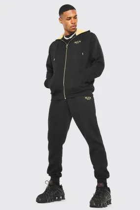 Man Gold Zip Through Hooded Tracksuit | boohooMAN UK