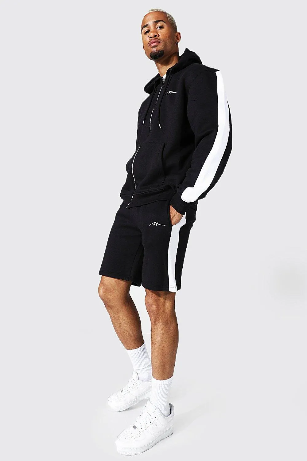 Man Signature Zip Hooded Short Tracksuit | boohooMAN UK