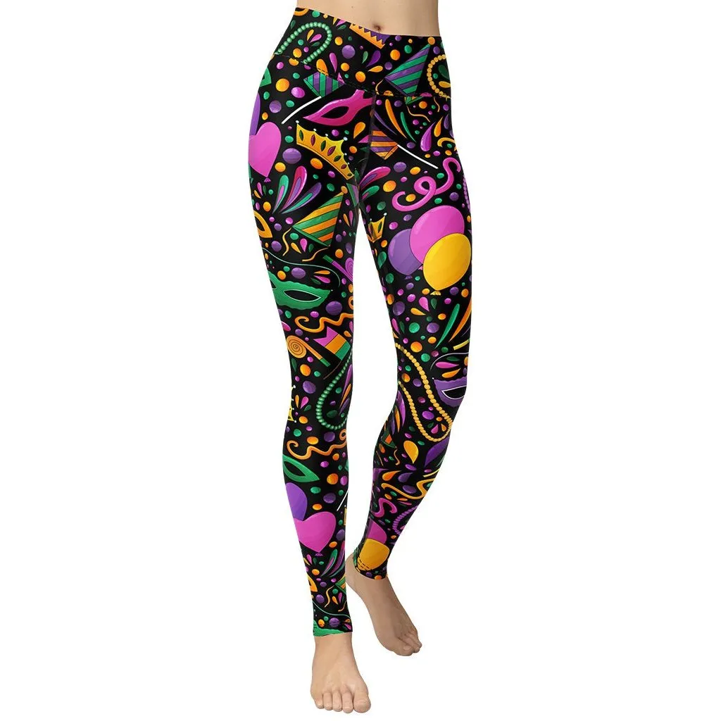 Mardi Gras Masks & Beads Party Yoga Leggings