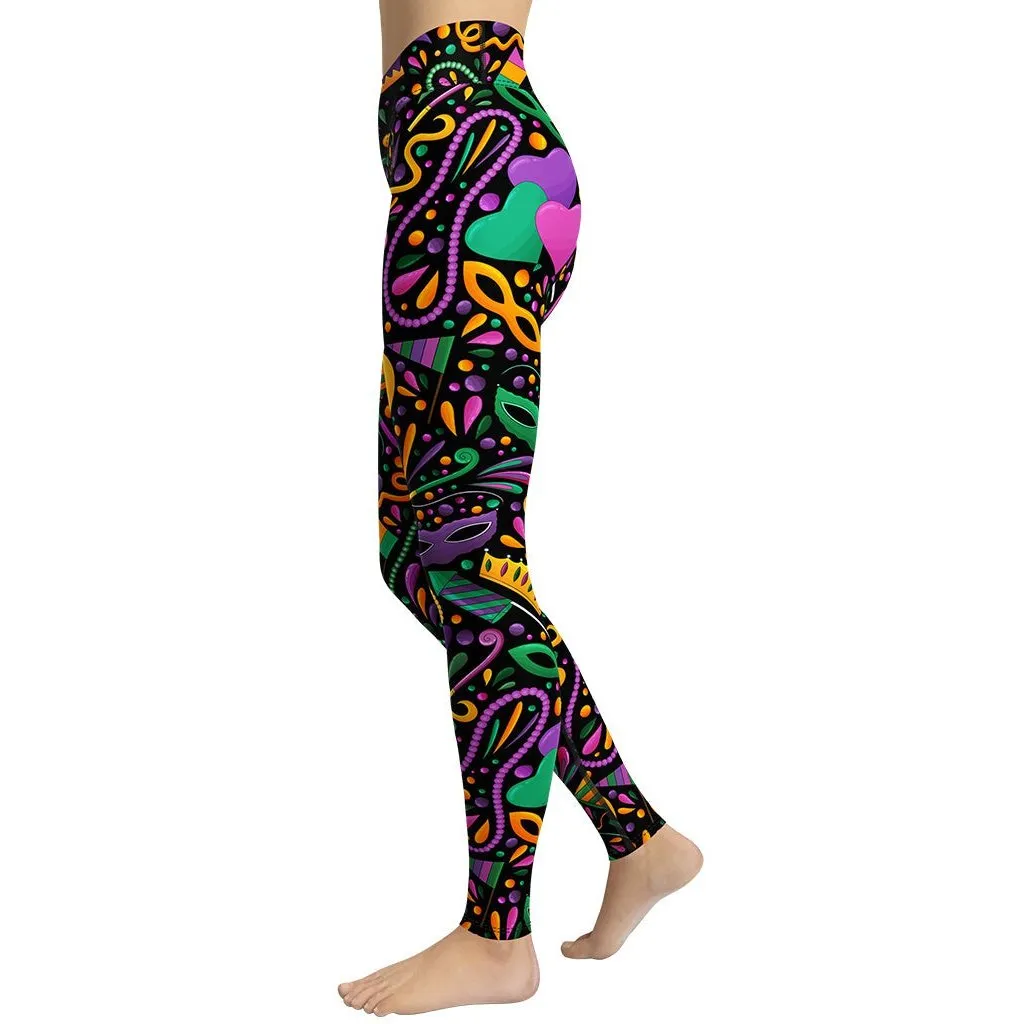 Mardi Gras Masks & Beads Party Yoga Leggings