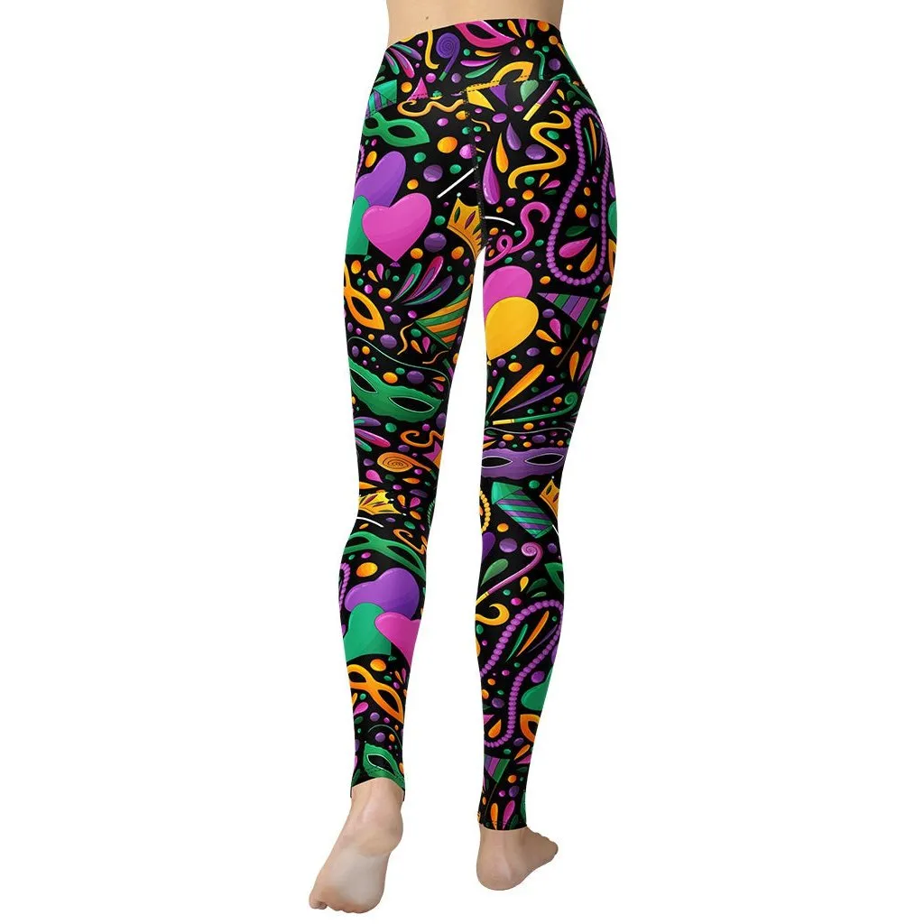 Mardi Gras Masks & Beads Party Yoga Leggings